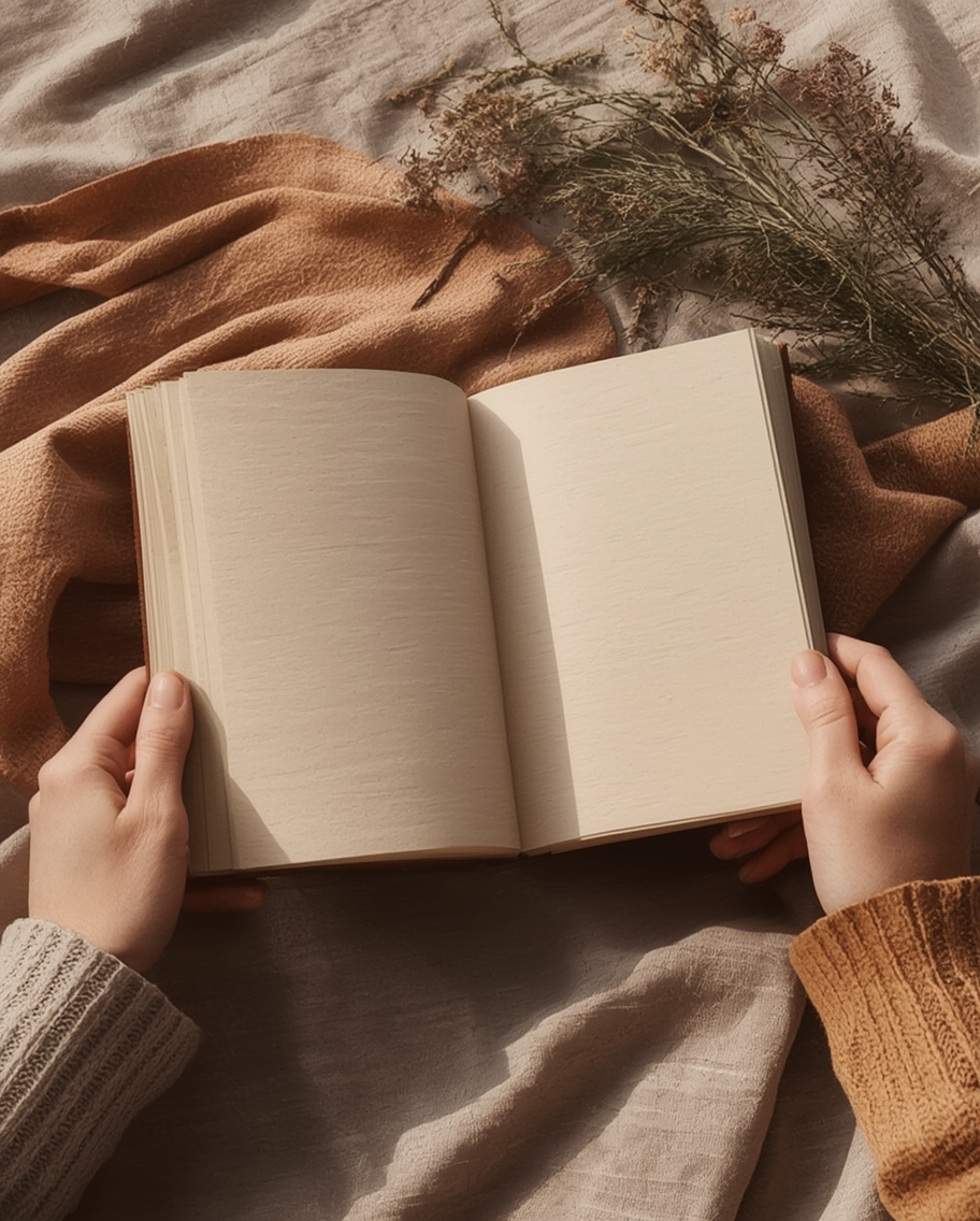 A linen-bound family book held open in two hands